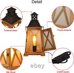 Antique Wood Electric Lantern Lights Table Lamp, Vintage Farmhouse Nautical Deco