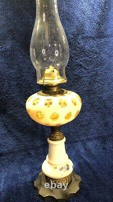 Antique Yellow Coin Dot Glass Oil Lamp With Milk Glass Base. Very Unique