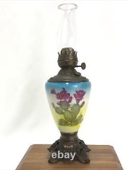 Antique c1910 SUCCESS Oil Lamp Painted Glass Cactus Flowers Pink & Blue Art Deco