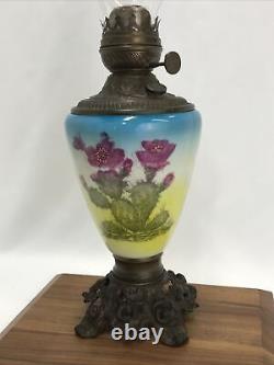 Antique c1910 SUCCESS Oil Lamp Painted Glass Cactus Flowers Pink & Blue Art Deco