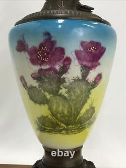 Antique c1910 SUCCESS Oil Lamp Painted Glass Cactus Flowers Pink & Blue Art Deco