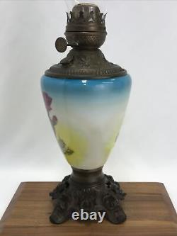 Antique c1910 SUCCESS Oil Lamp Painted Glass Cactus Flowers Pink & Blue Art Deco