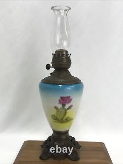 Antique c1910 SUCCESS Oil Lamp Painted Glass Cactus Flowers Pink & Blue Art Deco