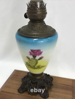 Antique c1910 SUCCESS Oil Lamp Painted Glass Cactus Flowers Pink & Blue Art Deco