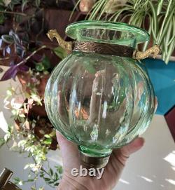 Antique green hand blown glass melon globe lantern no lid top or hanging chain