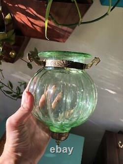 Antique green hand blown glass melon globe lantern no lid top or hanging chain