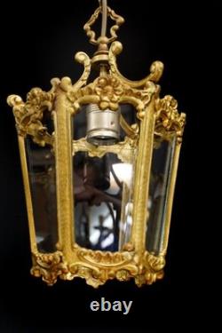 Antique hanging lamp lantern chandelier Ceiling Light French Brass 1920