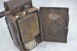 Antique lantern lamp hang carry oil green glass Germany sideopen 19th original
