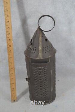 Antique lantern lamp pierced tin candle 18th c table top hang early 1750-1850