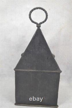 Antique oil lantern lamp tin/glass tri corner carry handle 15.5 in. Rare 18th
