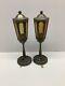 Antique set of 2 brass & amber flourentine glass lamppost lamps