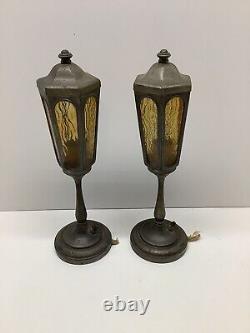 Antique set of 2 brass & amber flourentine glass lamppost lamps