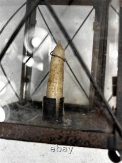 Antique tin candle lantern lamp 13.5 in. Glass guards carry loop original 19thc