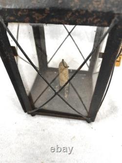 Antique tin candle lantern lamp 13.5 in. Glass guards carry loop original 19thc