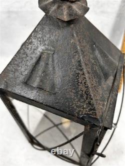 Antique tin candle lantern lamp 13.5 in. Glass guards carry loop original 19thc