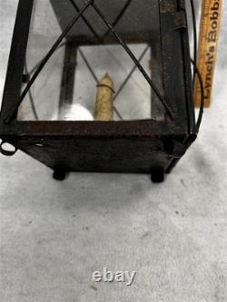 Antique tin candle lantern lamp 13.5 in. Glass guards carry loop original 19thc