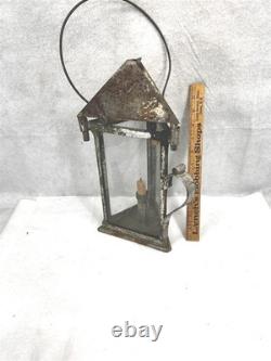 Antique tin candle lantern lamp unusual 3 sides withglass hand made original 19th