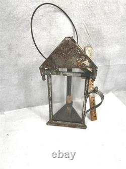 Antique tin candle lantern lamp unusual 3 sides withglass hand made original 19th