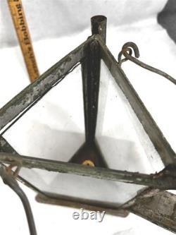 Antique tin candle lantern lamp unusual 3 sides withglass hand made original 19th