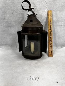 Antique tin candle lantern lamp unusual 3 sides withglass original 19thc