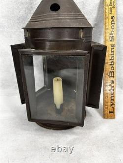 Antique tin candle lantern lamp unusual 3 sides withglass original 19thc