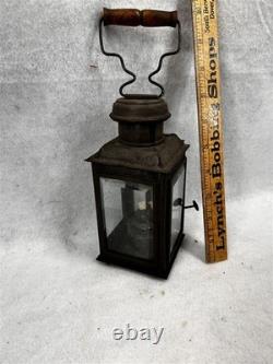 Antique tin oil lantern lamp sm removable font slide glass door original 19thc