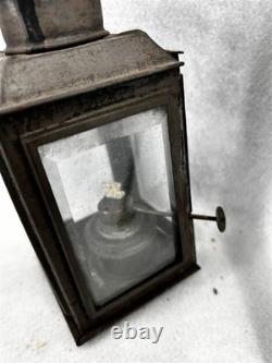 Antique tin oil lantern lamp sm removable font slide glass door original 19thc