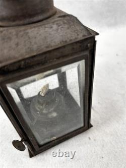 Antique tin oil lantern lamp sm removable font slide glass door original 19thc
