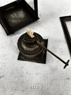 Antique tin oil lantern lamp sm removable font slide glass door original 19thc