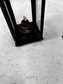 Antique tin oil lantern lamp sm removable font slide glass door original 19thc