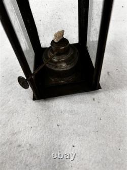 Antique tin oil lantern lamp sm removable font slide glass door original 19thc