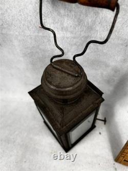 Antique tin oil lantern lamp sm removable font slide glass door original 19thc