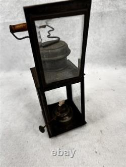 Antique tin oil lantern lamp sm removable font slide glass door original 19thc