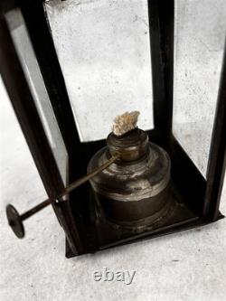 Antique tin oil lantern lamp sm removable font slide glass door original 19thc