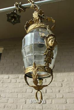 Antique val saint lambert crystal glass caryatid bronze heads lantern chandelier