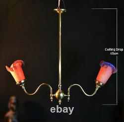 Art nouveau vintage brass 2 arm chandelier lantern 1930s French handmade shades