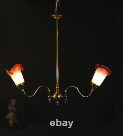 Art nouveau vintage brass 2 arm chandelier lantern 1930s French handmade shades