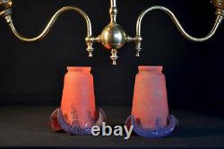 Art nouveau vintage brass 2 arm chandelier lantern 1930s French handmade shades