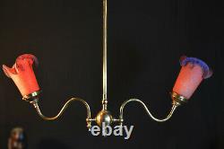 Art nouveau vintage brass 2 arm chandelier lantern 1930s French handmade shades