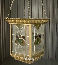 Brass And Stained Leaded Glass Hall Lantern Antique Victorian C1880