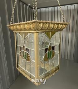 Brass And Stained Leaded Glass Hall Lantern Antique Victorian C1880
