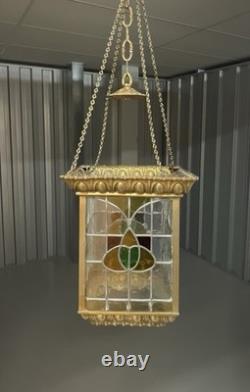 Brass And Stained Leaded Glass Hall Lantern Antique Victorian C1880