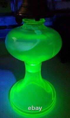 Bright Glow Under UV Light Antique Vtg Uranium Glass Oil Lamp Green