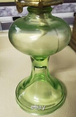 Bright Glow Under UV Light Antique Vtg Uranium Glass Oil Lamp Green