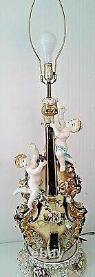 Capodimonte Large Antique Lamp Porcelain Cherub Angels Violin Vintage Italian