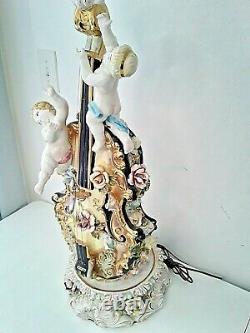 Capodimonte Large Antique Lamp Porcelain Cherub Angels Violin Vintage Italian