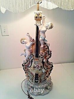 Capodimonte Large Antique Lamp Porcelain Cherub Angels Violin Vintage Italian