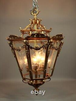 Chandelier Lantern French Louis XVI Bronze Gold Leaf Floral Glass Vintage