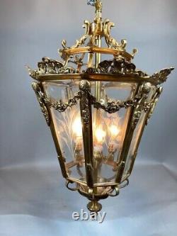 Chandelier Lantern French Louis XVI Bronze Gold Leaf Floral Glass Vintage