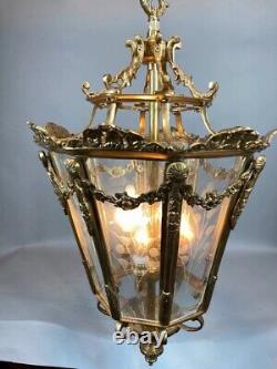 Chandelier Lantern French Louis XVI Bronze Gold Leaf Floral Glass Vintage